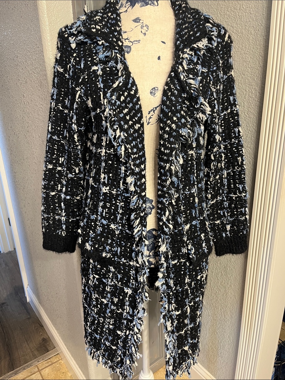 Dolce Cabo Black with Blue and White Fringed Open-Front Cardigan